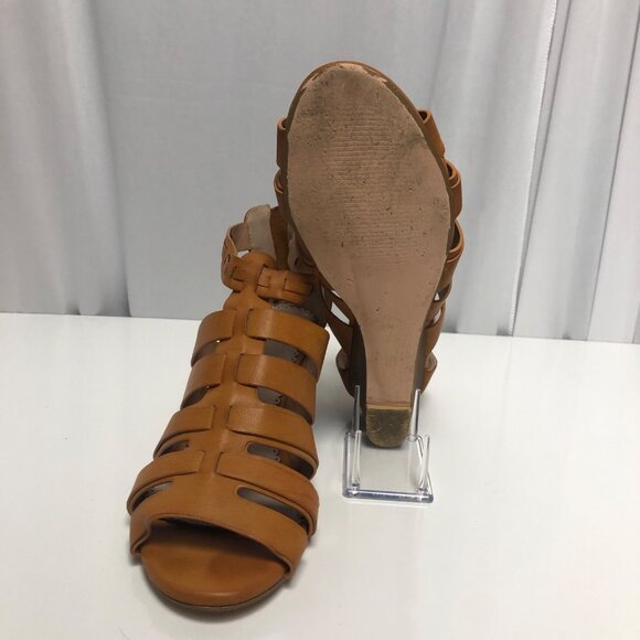Restricted Cognac Strappy Wedge Sandals Womens Size 8.5 Back Zipper Shoes - Picture 2 of 7